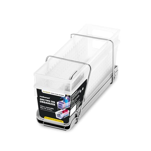 madesmart Compact Two Tier Organizer, Frost | pull out bins, adjustable dividers, tiered access, cleaning supplies, under sink use, pantry bottles, woman owned