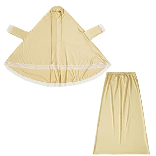 Kids Girls Abaya Muslim Full Cover Lace Hijab Dress Kaftan Dubai Islamic Prayer Dress, 2pcs Set - color: Cream Yellow, size: 4-5T