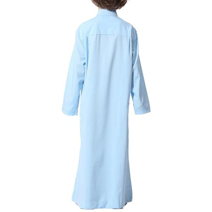 Arabic Thobe Muslim Thobe Long Sleeve Kaftan Crew Robe National Costume Teenage Boys Long Sleeve Embroidered Robe - color: Sky Blue, size: 9-10 Years