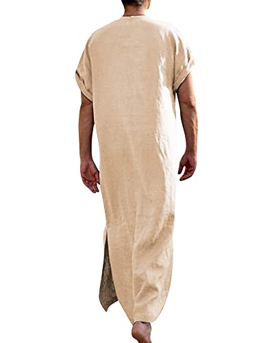 YAOHUOLE Men's Short Sleeve Kaftan Thobe Side Split Caftan with Pockets Long Gown Thobe - color: Khaki, size: X-Large