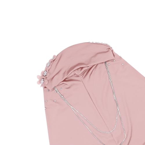 RARITYUS Women Bling Rhinestone Pearl Instant Scarf Muslim Hijab Fashion Shawl Head Wrap Turban Cap with Flower Accent - color: Pink
