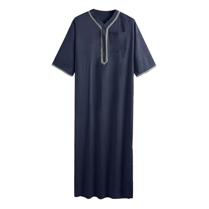 Thobe for Men Muslim Islamic Robe Kaftan Long Sleeve Jubba Arabic Dress Ramadan Eid Traditional Gown A14 - color: Navy, size: 4X-Large