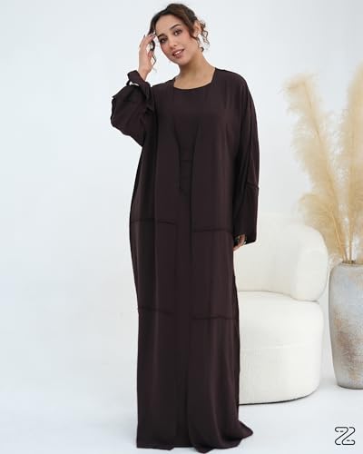 Abaya Muslim Prayer Dress Set Ramadan Open Front Islamic Clothing 3pcs Prayer Robe with Waist Apron Loose Flowy - color: Coffee, size: Large