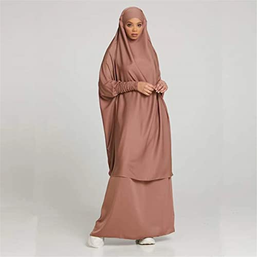 Women Muslim 2 Set Solid Color Plus Long Sleeve Thobe One-size Longuette Overall Abaya Thobe with Hoodied Hijab - color: Brown