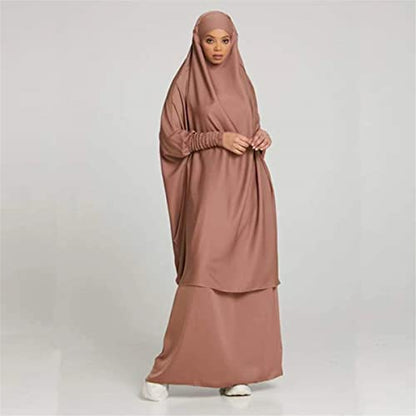 Women Muslim 2 Set Solid Color Plus Long Sleeve Thobe One-size Longuette Overall Abaya Thobe with Hoodied Hijab - color: Brown
