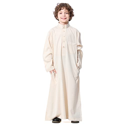 IDOPIP Muslim Thobe for Boys Kids Long Sleeve Islamic Arabic Kaftan Robe Middle East Dubai Prayer Dress Clothes with Pockets - color: Beige, size: 4-5T