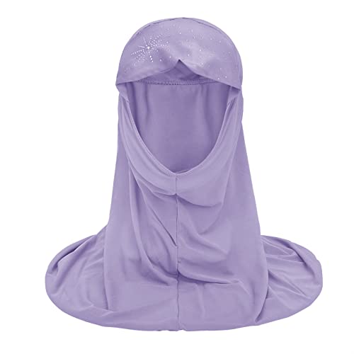 Girls Muslim Hijab Floral Lace Head Scarf Kids Islamic Arab Scarf Shawls Head Wrap with Flowers - color: Purple (With Rhinestone)