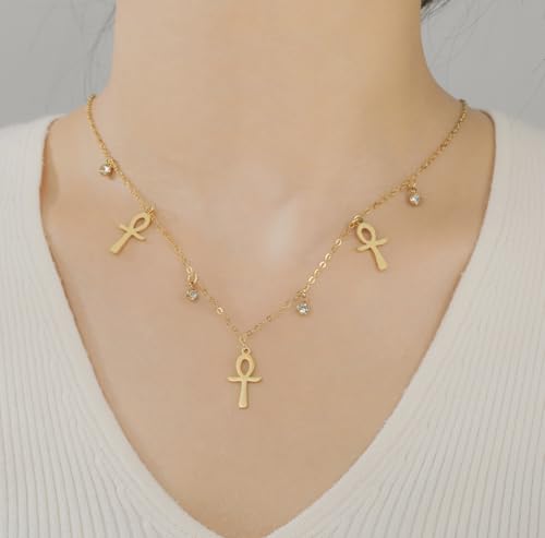 Ankh Cross Y Necklace Key of Life Eye of Horus Pendant Cartouche Long Chain Protection African Coptic Amulet Ancient Egyptian Religious Jewelry Gift for Women Men - color: Gemstone Ankh Cross gold