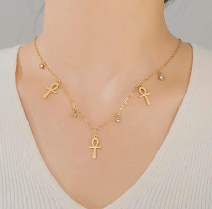 Ankh Cross Y Necklace Key of Life Eye of Horus Pendant Cartouche Long Chain Protection African Coptic Amulet Ancient Egyptian Religious Jewelry Gift for Women Men - color: Gemstone Ankh Cross gold