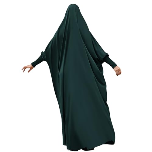 IDOPIP Muslim Abaya for Women One Piece Long Sleeve Islamic Prayer Dress with Hooded Hijab Maxi Kaftan Robe Modest Clothes - color: Blackish Green