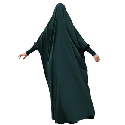 IDOPIP Muslim Abaya for Women One Piece Long Sleeve Islamic Prayer Dress with Hooded Hijab Maxi Kaftan Robe Modest Clothes - color: Blackish Green