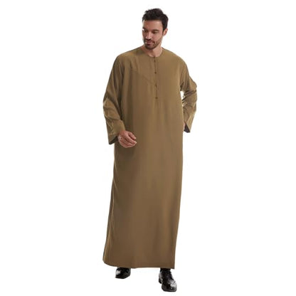 IWEMEK Men Muslim Thobe Long Sleeve Kaftan Robe with Pockets Saudi Arabic Thobe Ramadan Middle East Dubai Islamic Abaya Dress - color: Brown, size: X-Large