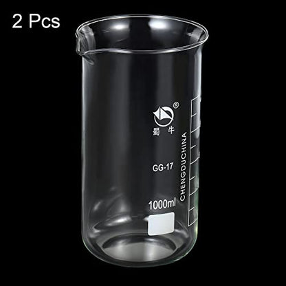 PATIKIL 1000ml Tall Form Glass Beaker, 2 Pack 3.3 Borosilicate Glass Graduated Printed Scale Measuring Cups with Spout for Kitchen Lab Liquids Transit Boiling - size: 1000ml