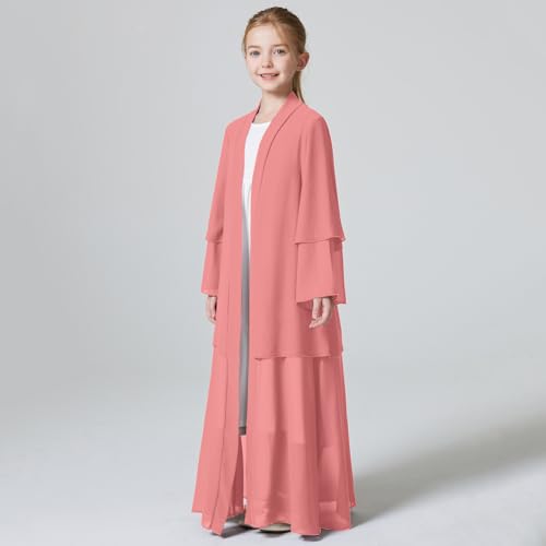 Kids Abaya Dress for Girls Muslim Dress with Hijab Chiffon Layered Open Front Cardigan Ramadan Eid Kaftans Dubai Outfit - color: Pink, size: 9-10 Years