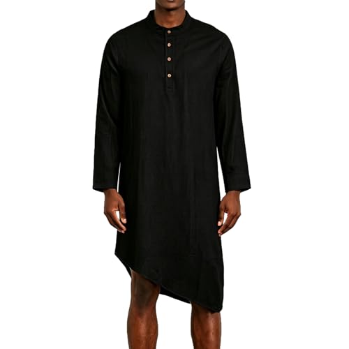 Mens Kaftan Thobe Robe Cotton Linen Long Sleeve Henley Shirt Casual Asymmetric Hem Muslim Kurta Gown Tops - color: Black, size: Medium