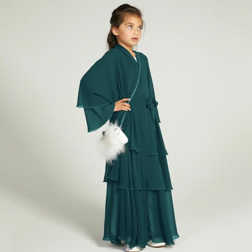 Chiffon layered Open Abaya Dubai Kaftan Muslim Cardigan Abayas Dresses For Girls Casual Robe Kimono Islam Clothing - color: Dark Green, size: 4-5 Years