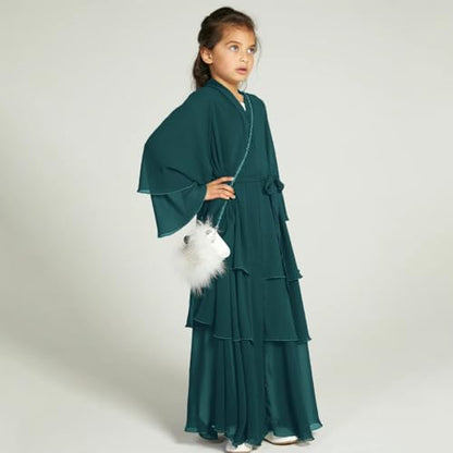 Chiffon layered Open Abaya Dubai Kaftan Muslim Cardigan Abayas Dresses For Girls Casual Robe Kimono Islam Clothing - color: Dark Green, size: 11-12 Years