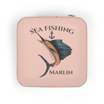 3dRose Nautical deep sea fishing design with ship anchor and marlin fish. Jewelry Travel Case Pink