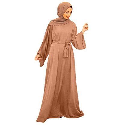 Casual Maxi Dresses for Women Long Sleeve Spring Pleated Flowy A Line Prayer Dress Muslim Dresses with Belt - color: Beige, size: X-Large