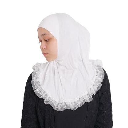 MuLanLegend Cotton Lace Hijab | Princess Nur | Girls Kids Instant Slip-on Scarf Sarong | Ligthweight and Comfortable - color: White
