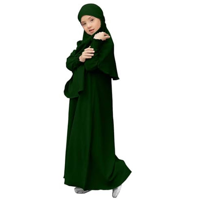Muslim Dress for Girls Prayer Abaya with Hijab Toddler Islamic Cardigan Clothes Kaftan Robe Maxi Dresses Ramadan - color: Green, size: 9-10 Years