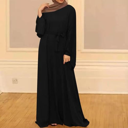 Crewneck Muslim Dresses for Women Long Prayer Dress with Belt 2026 Flowy Long Sleeve Maxi Dress Wedding Party - color: Black, size: Medium