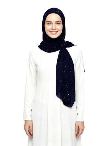 Lina & Lily Sparkle Shimmer Gold Glitter Women's Chiffon Hijab Head Scarf Shawl Wrap Lightweight - color: Navy Blue