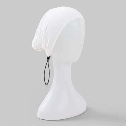 Women's Adjustable Elastic Drawstring Hijab Undercap, Soft Stretchy Jersey Underscarf Hijab Liner Hat - color: White