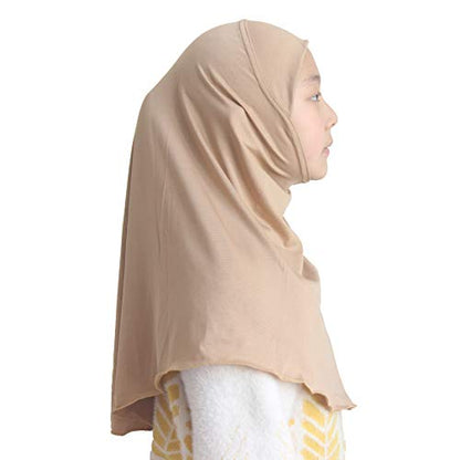 Girls Hijab Muslim Scarf for Kids – Ready to Wear, Solid Color, Soft & Breathable Daily Headwear for Ages 6-11 - color: Camel