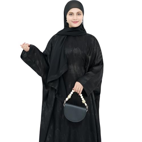 khalat Abaya Muslim Dress Women Satin Jacquard Prayer Dress Batwing Long Sleeve Islamic Dubai Robe with Chiffon Hijab - color: Black