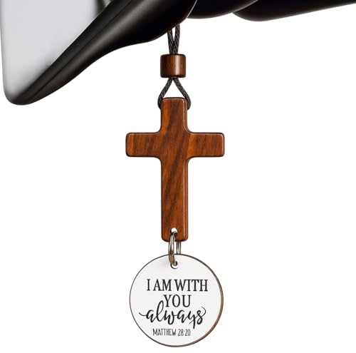 Daily Bible Verse Rearview Mirror Cross Ornament – Daily Scripture Car Charm Hanging Cross for Car with “I Am with You Always” Medallion (White) - color: White