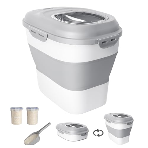 20-50 Lbs Airtight Food Storage Container Wheels,Collapsible Rice Container | Flour Storage Container with Double Airtight Seal,Rice Storage Container with Magnetic Lid,Keep Fresh for Pet Food,Rice,Flour - color: Grey/20-50LBS
