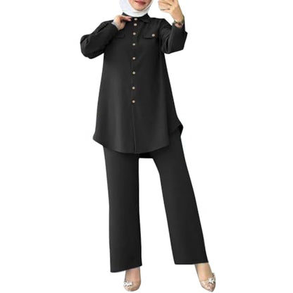 ODIZLI Muslim Long Sleeve Blouse Wide Leg Pants Suits Autumn Solid Abaya Women Matching Sets 2PCS Tracksuits Turkey Kaftan - color: Black- Button Down Shirt, size: Small