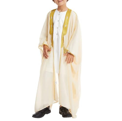 Toddler Boys Muslim Arabic Thobe Long Sleeve Embroidered Islamic Kaftan Teens Middle East Prayer Dress Ramadan Eid Clothes - color: Beige, size: 9-10 Years