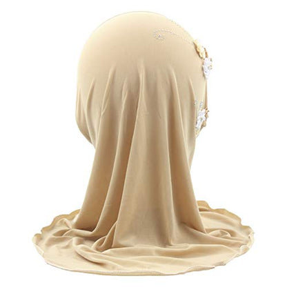 Instant Hijab for Kids Girls Hijabs Muslim Islamic Head Scarf with Rhinestone and Flowers - color: Cream