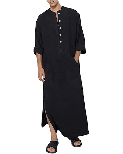 Jacansi Men's 65% Cotton 35% Linen Long Sleeve Kaftan, Button Down Ankle Length Thobe with Side Split & Pocket - color: Black, size: XX-Large