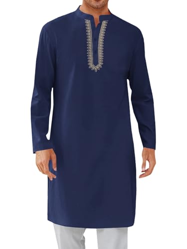 Yousify Mens Kaftan Thobe Casual Henley Shirts - color: Navy, size: Medium