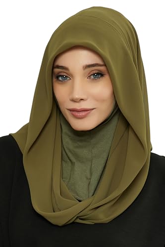 Aisha's Design Pre-tied Cotton-Chiffon Scarf for Women Practical Veil Instant Scarf Hijab Stylish Design - color: Khaki