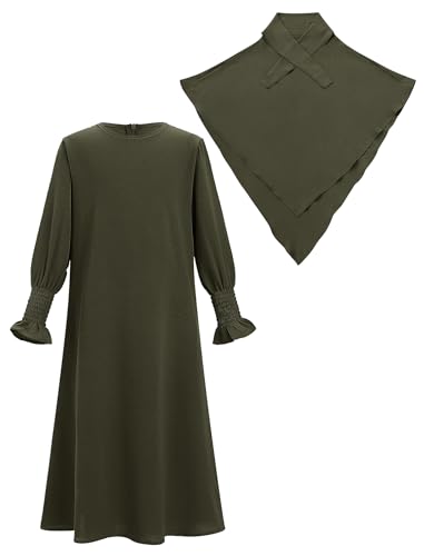 OBEEII Abaya for Girls Muslim Long Sleeve Prayer Dress Ramadan Kaftan Abaya with Hijab Islamic Clothing Arabic Eid Robe - color: Army Green, size: 9-10 Years