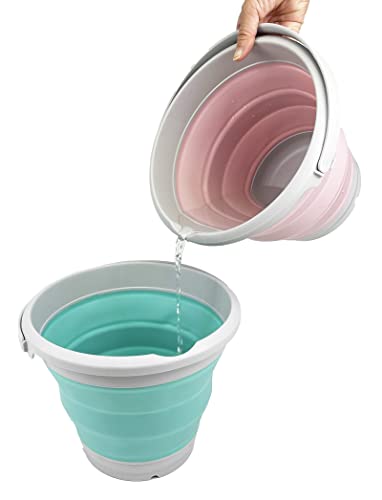 SAMMART 5.5L (1.4 Gallon) Set of 2 Collapsible Plastic Bucket - Foldable Round Tub - Portable Fishing Water Pail - Space Saving Outdoor Waterpot. (Pale Pink + Pine) - color: Pale Pink + Pine