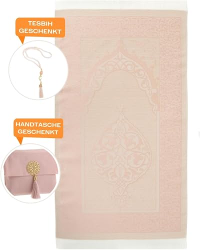Premium Area Rug for Islamic Prayers - Muslim Prayer Mat and Rug for Men with Arabic Gifts - Traditional Islamic Prayer Rug Islam - سجادة صلاة Included - color: Powder Pink