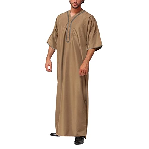 Thobe for Men Muslim Islamic Robe Kaftan Long Sleeve Jubba Arabic Dress Big and Tall Loose Fit Casual Gown A6 - color: Khaki, size: Medium