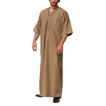 Thobe for Men Muslim Islamic Robe Kaftan Long Sleeve Jubba Arabic Dress Big and Tall Loose Fit Casual Gown A6 - color: Khaki, size: X-Large