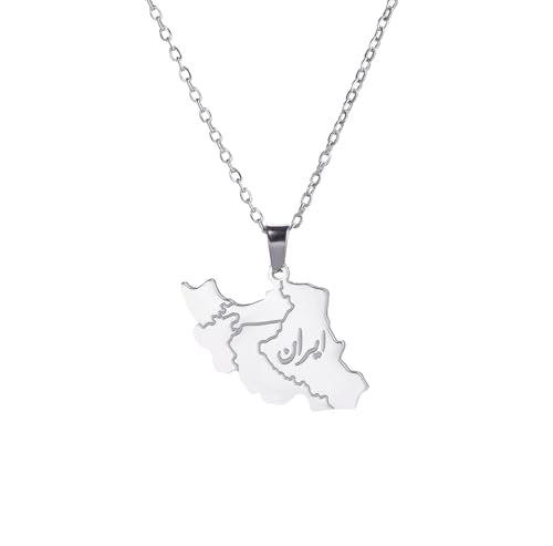 Iran Map Necklace Iranian Flag Persian Calligraphy Pendant Patriotic Heritage Pride Peace Jewelry Souvenir Series Gifts for Women Men - color: “ایران” - Iran map silver