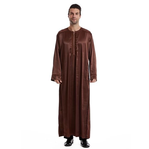 Men's Islamic Arab Kaftans Robe for Eid, Dubai Ramadan Daily Clothes - Muslim Thobe Shirt - color: A Brown, size: X-Large