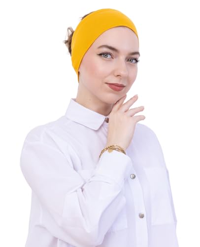 Prien Women Cotton Hijab Cap, Stretchy Head Cover, Pre-Sewn Inner Muslim Scarf Undercap, Non Slip Headband for Daily Wear - color: Deep Yellow