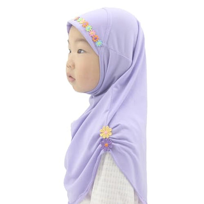 Girls Instant Hijab – Soft Kids Muslim Scarf with Flower, Breathable One-Piece Headscarf for Toddlers Age 2-8 - color: Small Flower-lavander