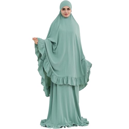 2PCS Abayas for Women Muslim Dress Ruffled Hem Modest Prayer Robe Full Coverage Modest Jilbab Set - color: Light Green, size: Large