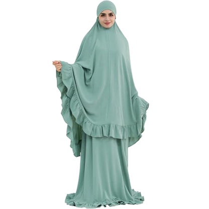 2PCS Abayas for Women Muslim Dress Ruffled Hem Modest Prayer Robe Full Coverage Modest Jilbab Set - color: Light Green, size: Medium