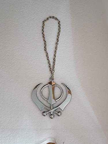 BEXCO Sikh Khanda Sahib Metal Car Hanging Rear View Mirror Show Piece - Complete with Chain (8 cm, Silver) - color: Silver, size: 8 cm